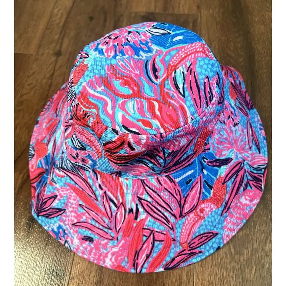 LILY PULITZER Ruby Red Wild Times Tropical Wide Brim Beach Vacation Sun Hat OS